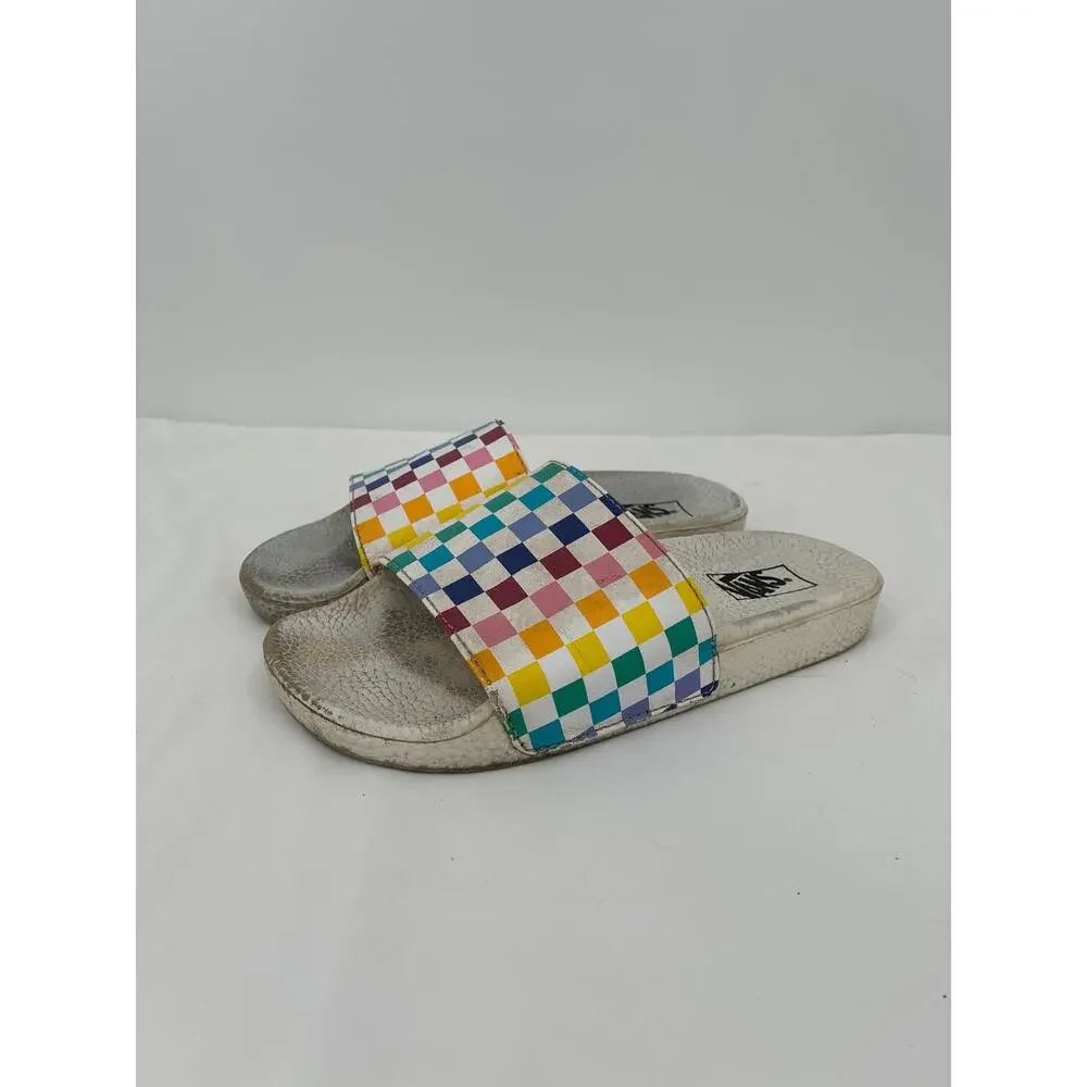 Vans Rainbow Checkered White Slides Sandals Play Condition 3.0 youth